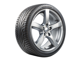 A tire. The tire is black and silver