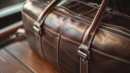 Leather travel bag on wooden table. Close-up of brown leather travel bag with buckles and zippers on wooden table, perfect for travel and lifestyle projects.