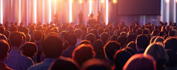 Audience attentively listening to a presentation in a large auditorium
