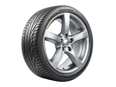 A tire. The tire is black and silver