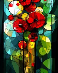 Colorful stained glass style decorative vase filled with vibrant flowers for home decoration