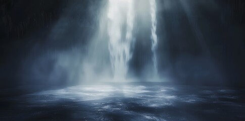 Misty Waterfalls in Dark Room with Light Rays and Fog