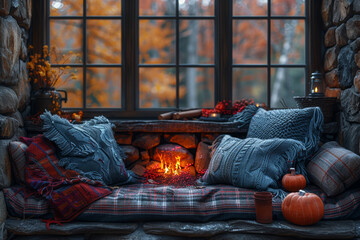 A cozy fireside nook adorned with plush cushions and soft blankets, inviting relaxation and intimate conversations. Concept of warmth and comfort. Generative Ai.