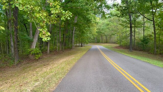 Driving along the Natchez Trace Parkway on a sunny day.