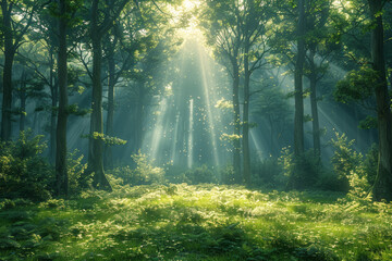 Fototapeta premium A verdant forest carpeted with emerald foliage, sunlight filtering through the canopy and dappling the forest floor with specks of gold. Concept of rejuvenation and tranquility. Generative Ai.