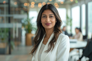 Obraz premium Professional businesswoman appears poised and confident in a well-lit office setting with colleagues working in the background