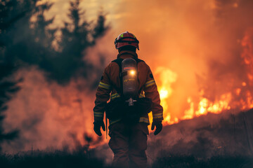 Firefighter fighting fire in the forest. Heroic profession of saving people. Dramatic image of a firefighter battling a fierce wildfire, with intense orange flames engulfing the forest