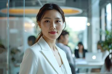 Professional young businesswoman with a poised smile standing in a bright office, exuding confidence and corporate elegance