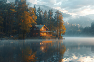 Obraz premium A serene lakeside cabin nestled among towering pine trees, its reflection mirrored in the glassy surface of the water. Concept of retreat and reflection. Generative Ai.