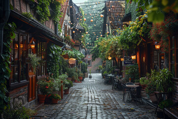 Fototapeta premium A charming cobblestone street lined with quaint shops and cafes, the sound of laughter and music spilling out into the narrow thoroughfare. Concept of timeless charm and hospitality. Generative Ai.