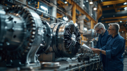 Fototapeta premium Two technicians examining turbine components in an industrial manufacturing plant.