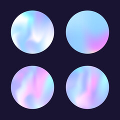 Gradient round set with holographic mesh. Abstract hologram. Fluorescent gradient round set. Minimalistic 90s, 80s retro style graphic template for brochure, banner, wallpaper, mobile screen.