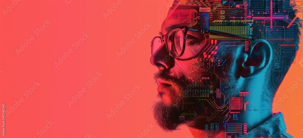 Poster the image shows a man wearing glasses with a red background. half of his face is a circuit board. th