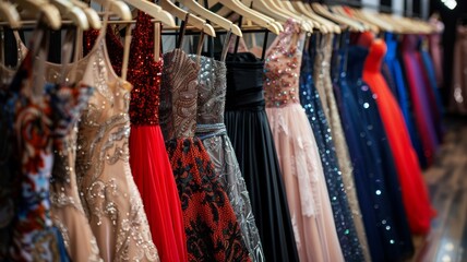 A rack of dresses with a variety of colors and styles