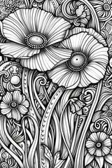 Flower coloring page with bold black and white shading for relaxation, adults, kids