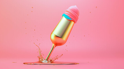 Golden ice cream on pink background, minimal concept, copy space
