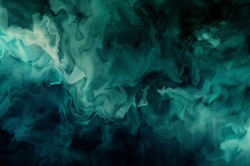 : A mystical abstract background with dark teal and emerald hues, featuring flowing watercolor patterns that resemble the depths of a shadowy ocean.