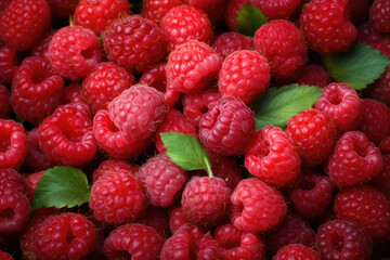 Red raspberries with green leaves background with copy space. Organic farm food, vegetarian, fresh market, healthy products. Macro, top view.