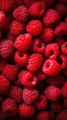 Vertical background with red raspberries, top view. Organic farm food, vegetarian, fresh market, healthy products, natural forest berries.
