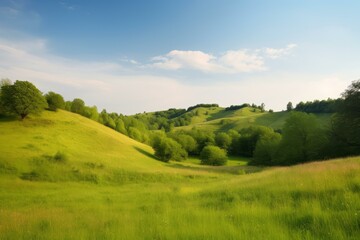 Fototapeta premium Sun-kissed Summer landscape hills view. Hill field. Generate Ai