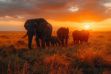 African Wildlife: Elephants and Rhinos - Sunset Savanna Drone Photography