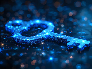 Futuristic digital key made of blue glowing particles and lines, symbolizing cybersecurity and data protection. Ideal for tech-themed designs and presentations.