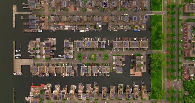 Aerial view of modern sustainable residential neighbourhood in Almere, The Netherlands