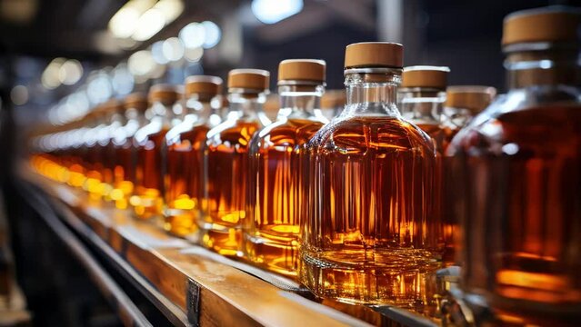 Automatic production line fills glass bottles with cognac