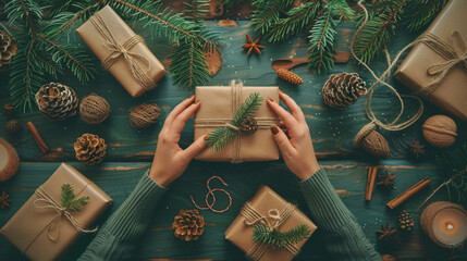 Fototapeta premium Hands wrapping Christmas gifts with natural pine decorations, creating a festive and rustic holiday scene.