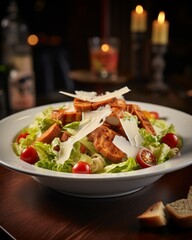 Close-up of a fresh caesar salad in a cozy evening setting with appetizing presentation