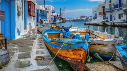 Fototapeta premium Fishing Boats in Mykonos Port: Old-fashioned Vessels on Aegean Quay