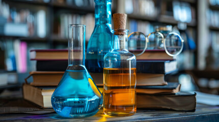 Laboratory glassware with colorful liquids on stacked books in a library, symbolizing scientific research and education.