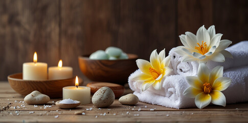Spa setting with candles , towels and flowers