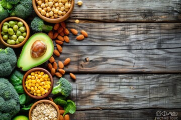 Grocery Foods. Healthy Ingredients Selection on Wooden Background with Avocado, Broccoli