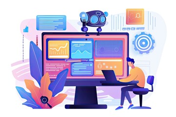 Engineer interacting with advanced humanoid robot in a high-tech laboratory, analyzing data on a futuristic digital screen with holographic interface