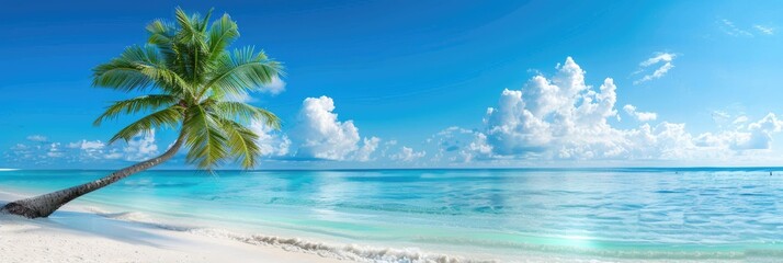 Fototapeta na wymiar Palm Tree Ocean. Summer Getaway in Paradise: Beach with Palm Trees and Turquoise Ocean