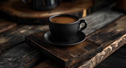 Coffee Black Background. Hot Aromatic Drink in Black Cup on Wooden Plank