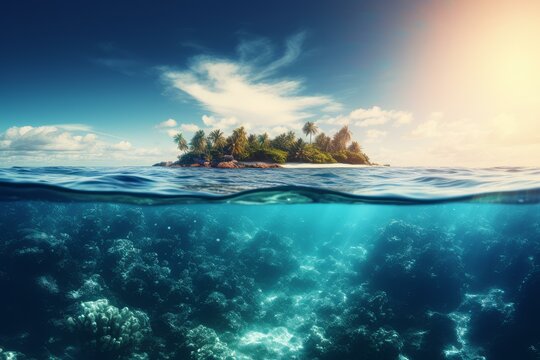 Split view of serene tropical island and vibrant underwater coral reef