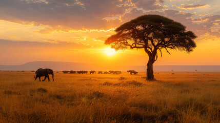 A herd of elephants walks under a majestic sunset in the African savannah, near an iconic acacia tree.