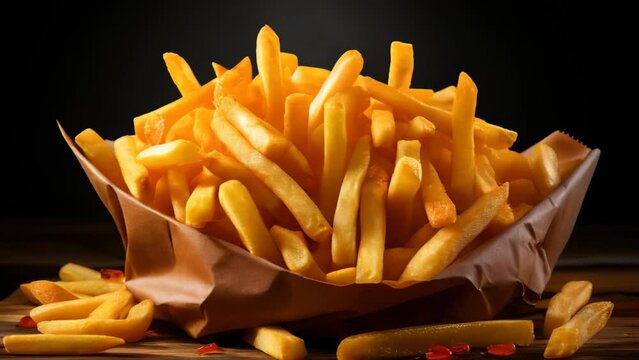 French fries in a brown kraft paper bag on a black background