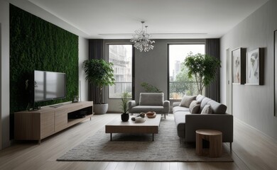 gray and marble luxury living room interior with sleek furniture and a vertical garden