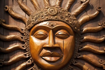 Obraz premium Close-up of a detailed sun mask artwork carved in wood with cultural motifs