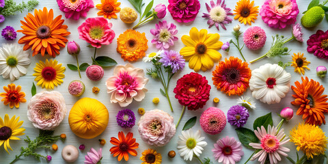 Fototapeta premium Flowers that bloom all summer copy space flat