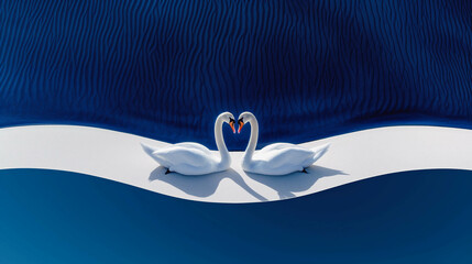 Two swans in love on the beach, minimal concept, view from above