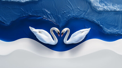 Two swans in love on the beach, minimal concept, view from above