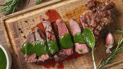 Chef pours green parsley sauce on a slices of freshly grilled beef steak meat on a wooden cutting...