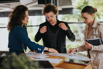 Young business partners discussing reports and analyzing data to create new marketing and growth strategies at an urban coffee bar.