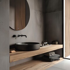 The image shows a bathroom with a dark wood vanity, a round mirror, and a vessel sink