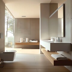 The image shows a modern bathroom with a large window, a freestanding bathtub, and a double vanity