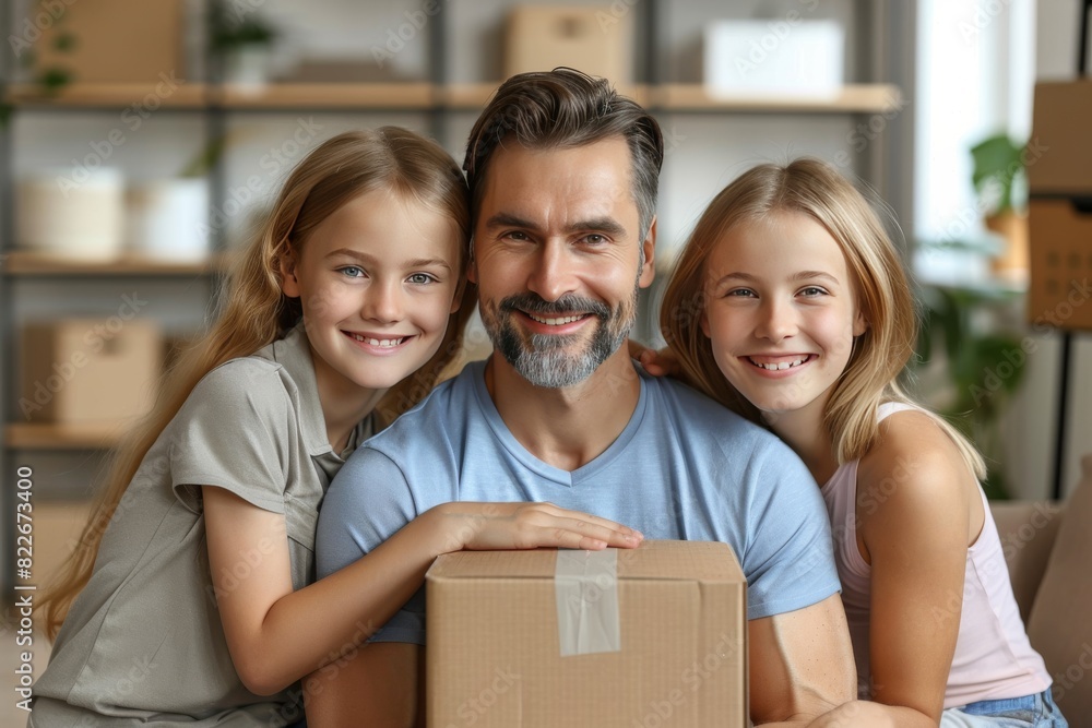 Wall mural Smiling Boy with Moving Boxes, Bright Daylight, Joyful Packing and Relocation in Cozy Home Setting Photography